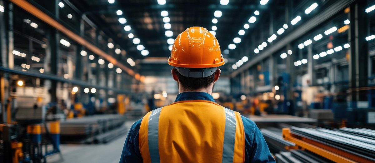 Worker in safety gear overlooking UTEC Industrial's heavy fabrication facility floor