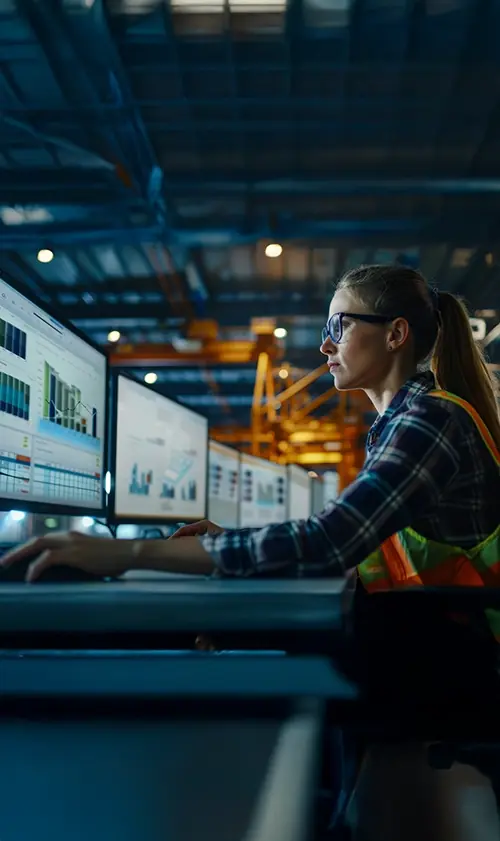 Engineer working at industrial control monitors at UTEC Industrial