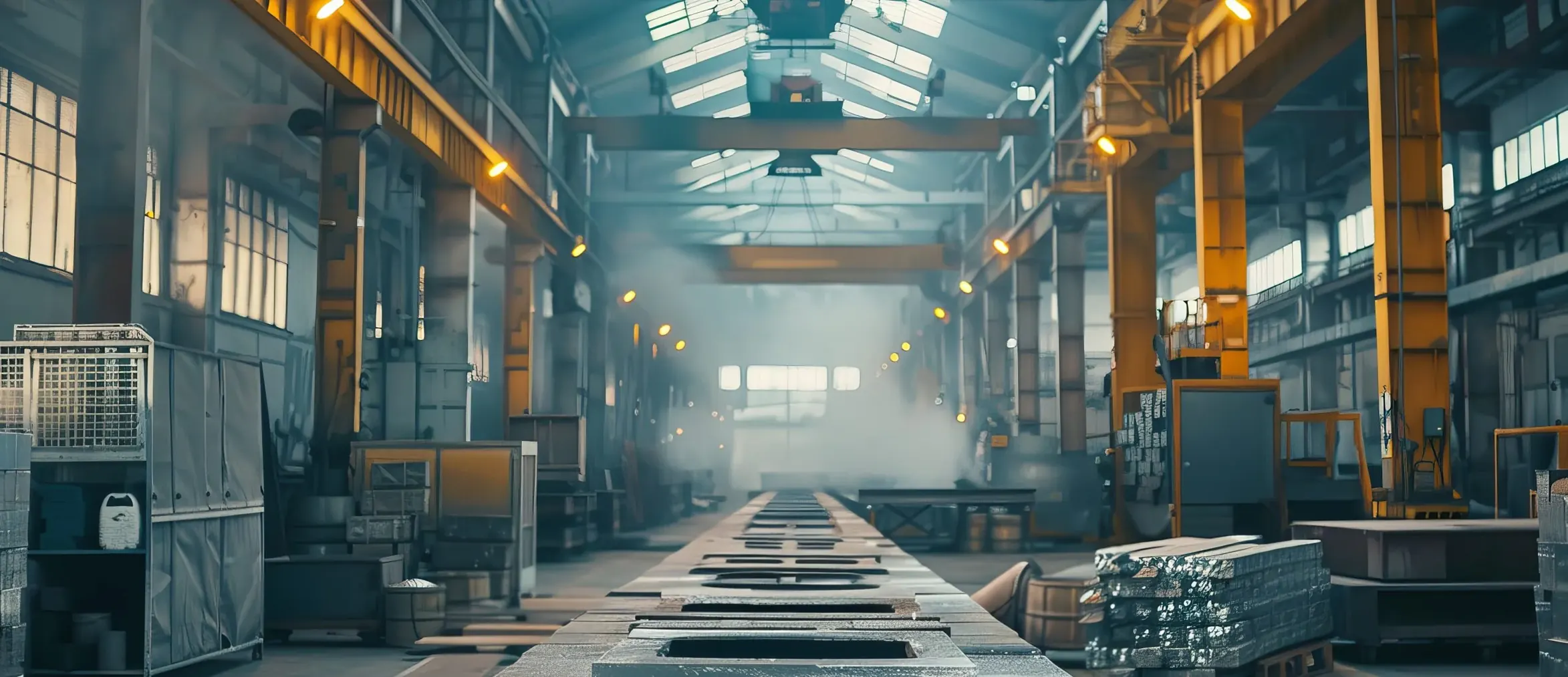 Inside UTEC Industrial's heavy fabrication facility — overhead cranes, steel plate, and industrial equipment in Spokane, WA